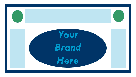 Private Labeling: an graphic of a label with framed on three sides with blue bars and a dark blue oval reading "Your Brand Here" in the center.