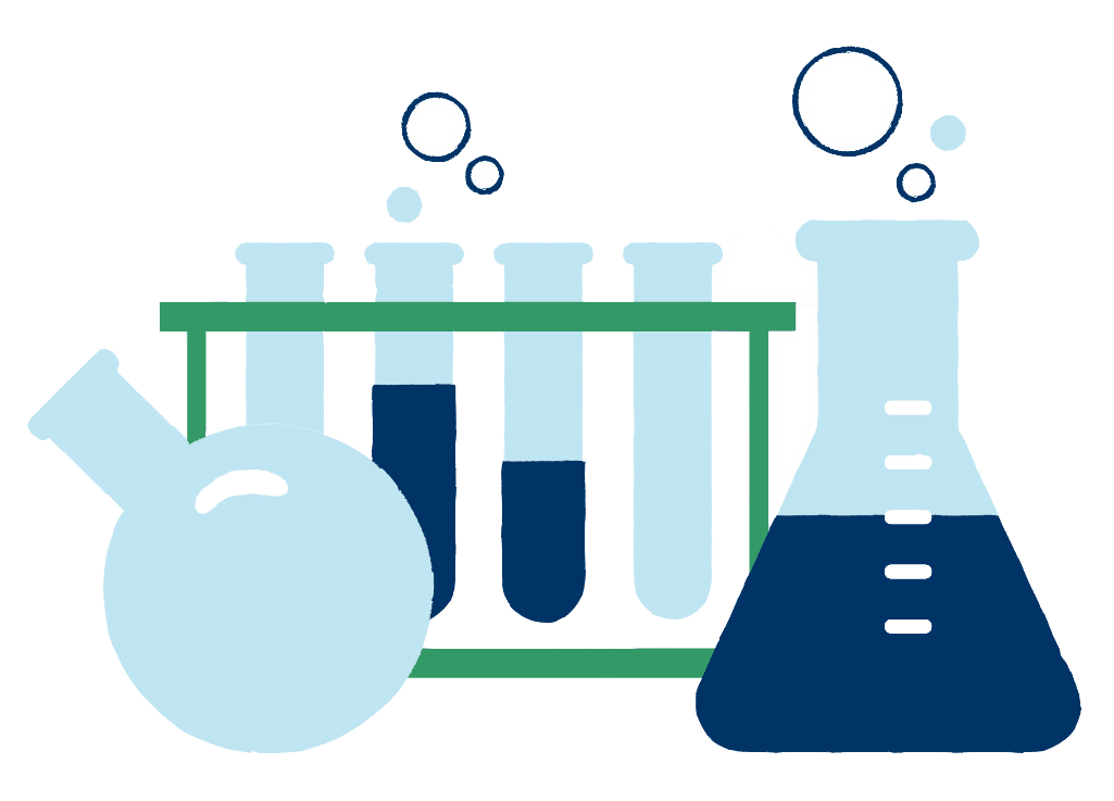 Speciality and Contract Manufacturing: Clipart image shows two wide bottom chemistry bottles next to a rack of vials. 