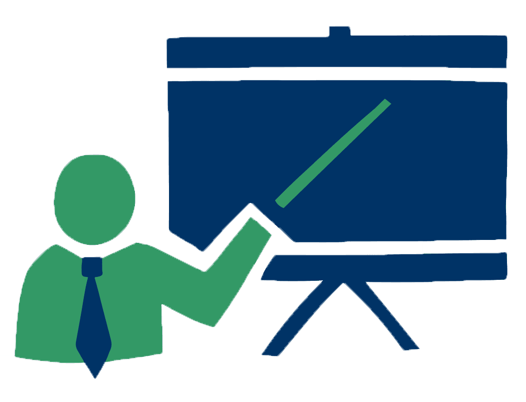 Training and Support: clipart image shows the outline of a man pointing at something on a presentation with a stick.
